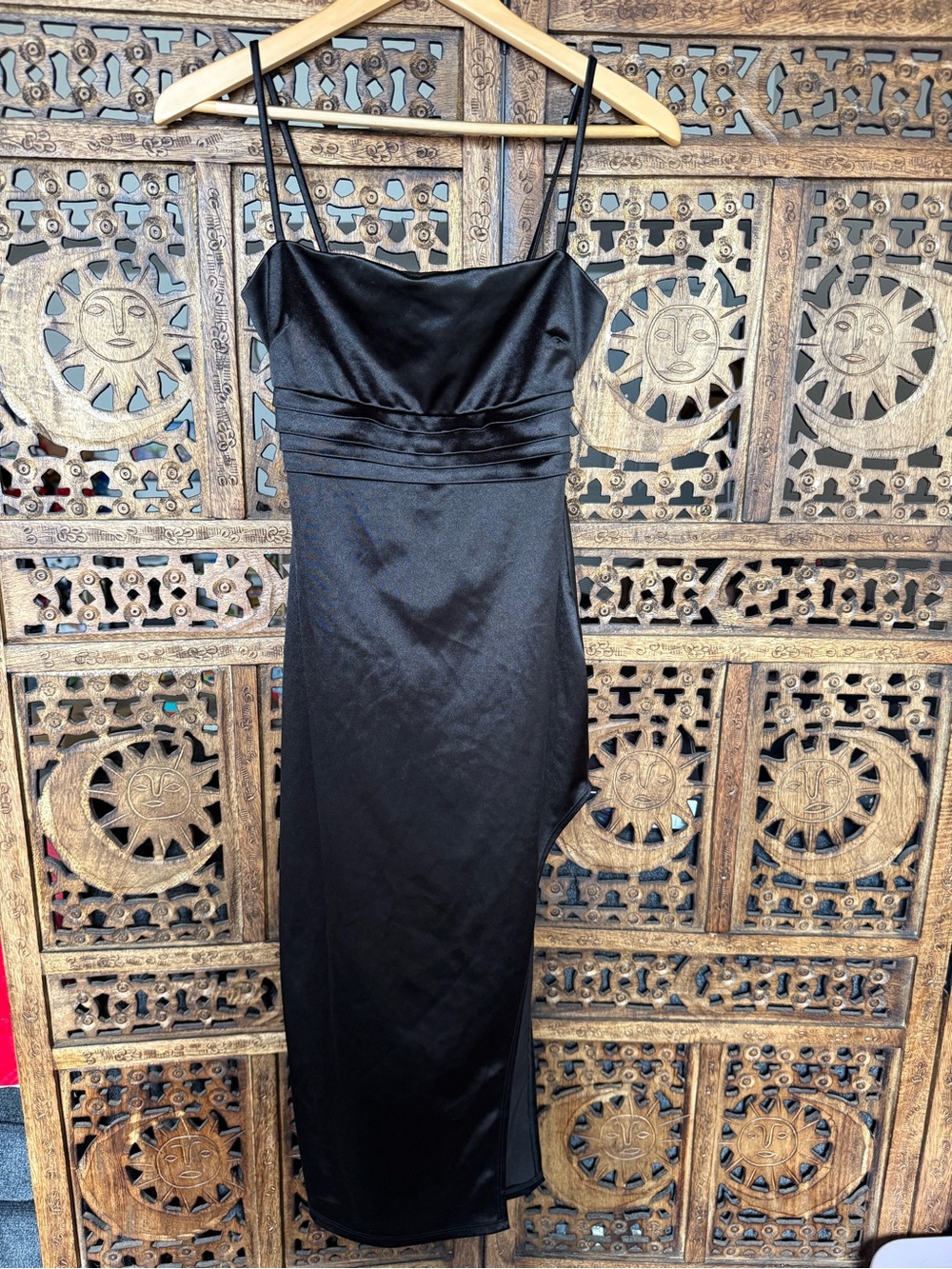 Windsor Black Satin Midi Slip Dress with Spaghetti Straps no sz see measurements